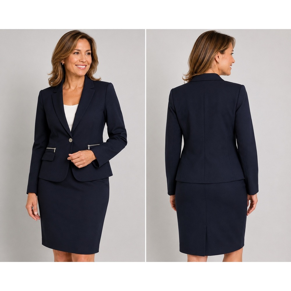 Calvin Klein‎ Womens Navy Blue 2 Piece Skirt Suit Blazer Set Size 16 Zipper